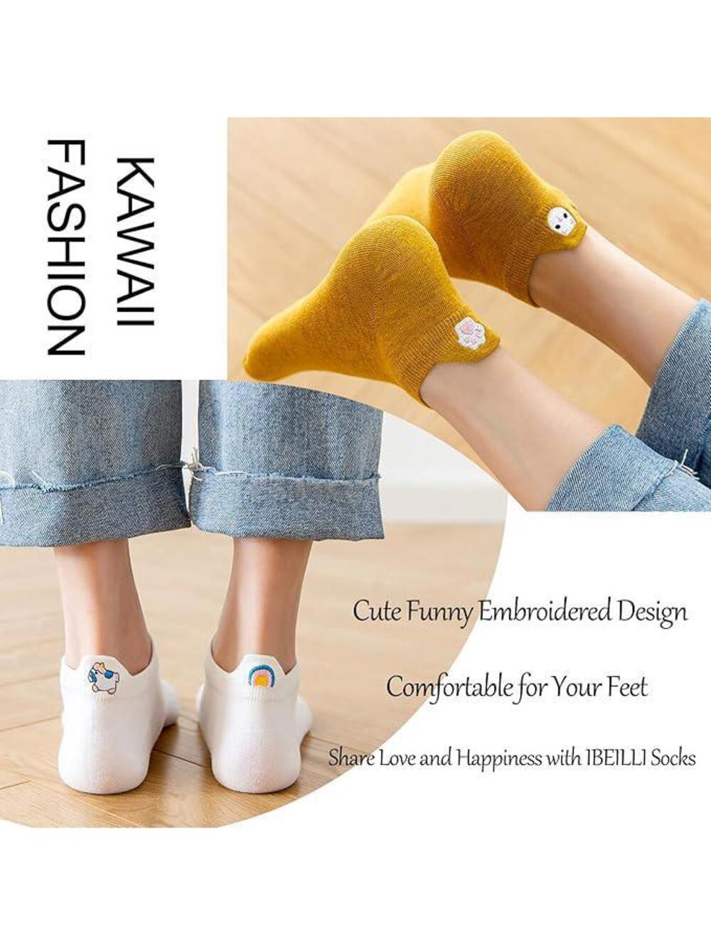 IBEILLI Women Cute Socks 10 Pairs Cotton Embroidered Funny Low Cut SZ M-L - Picture 4 of 5